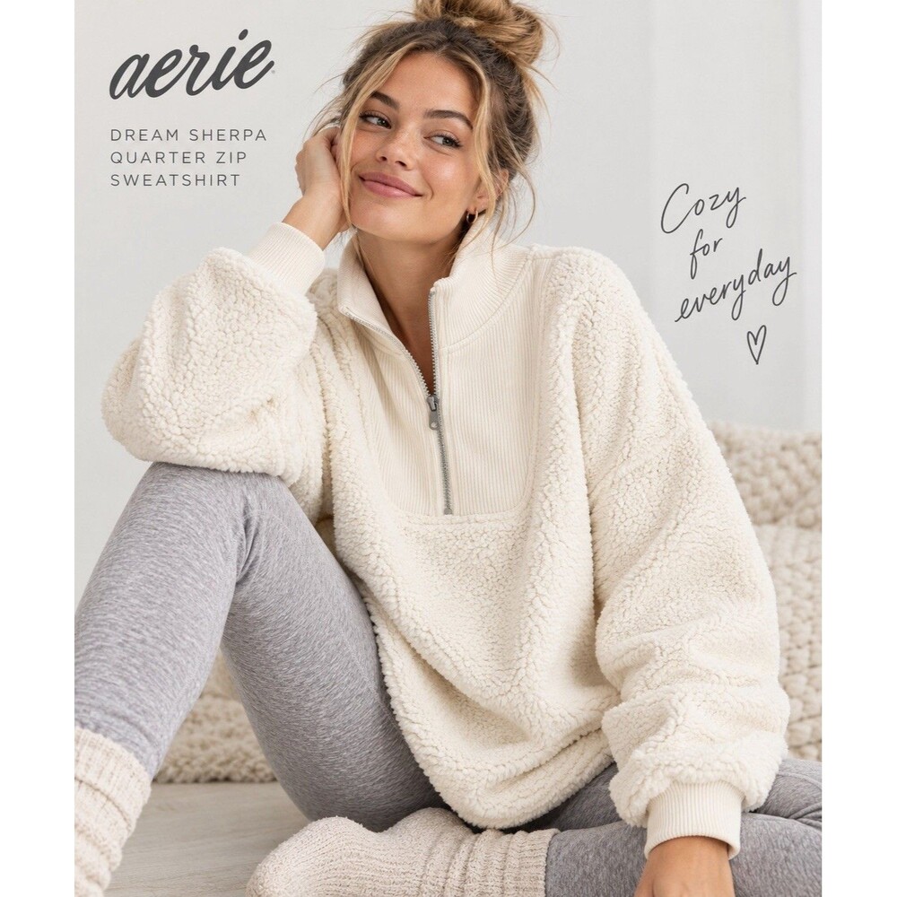 AERIE Dream Sherpa Quarter Zip Sweatshirt M Ivory Cream Oversized Cozy Fleece